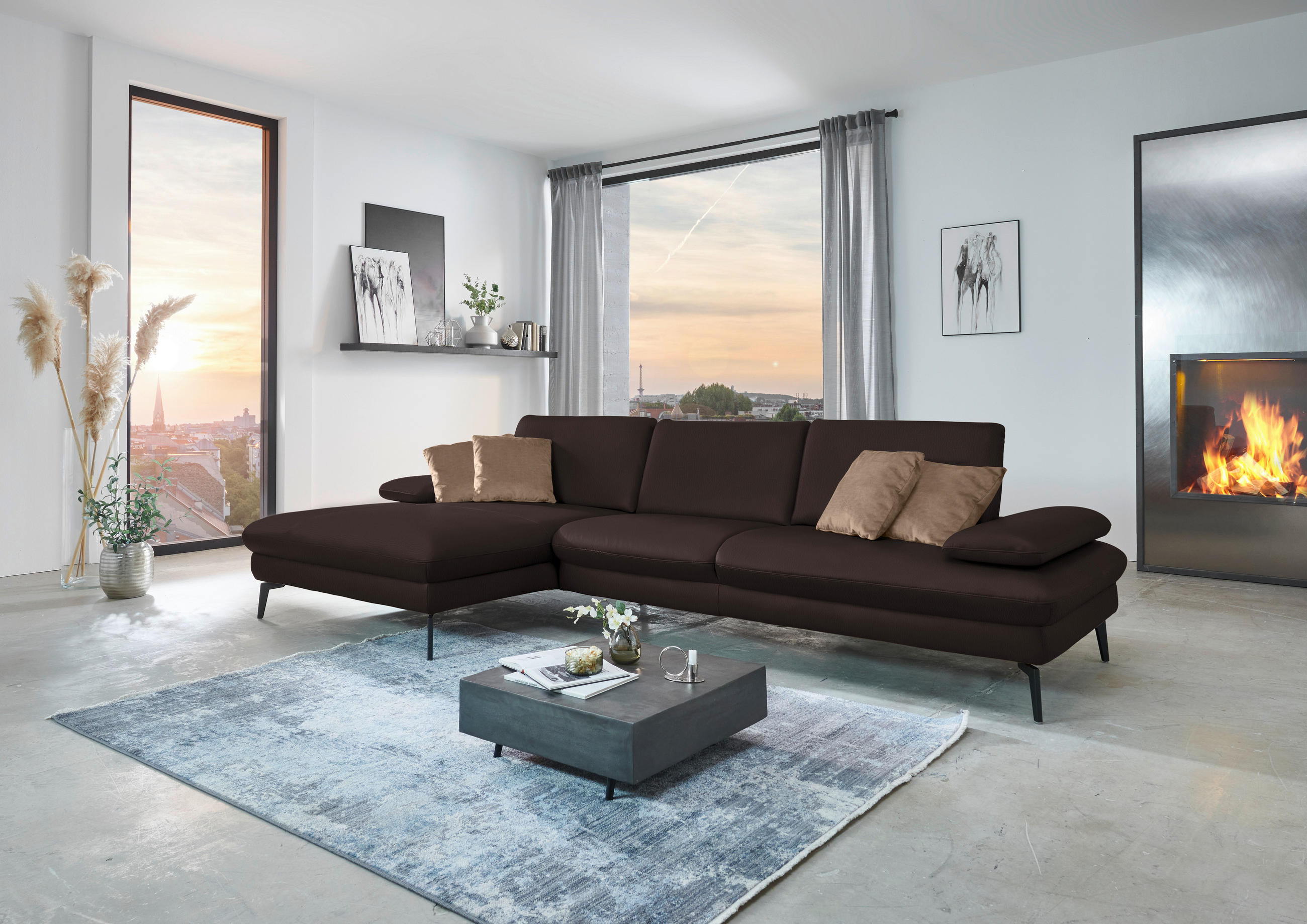 ECKSOFA in Echtleder Braun  - Schwarz/Braun, Design, Leder/Metall (157/325cm) - Dieter Knoll