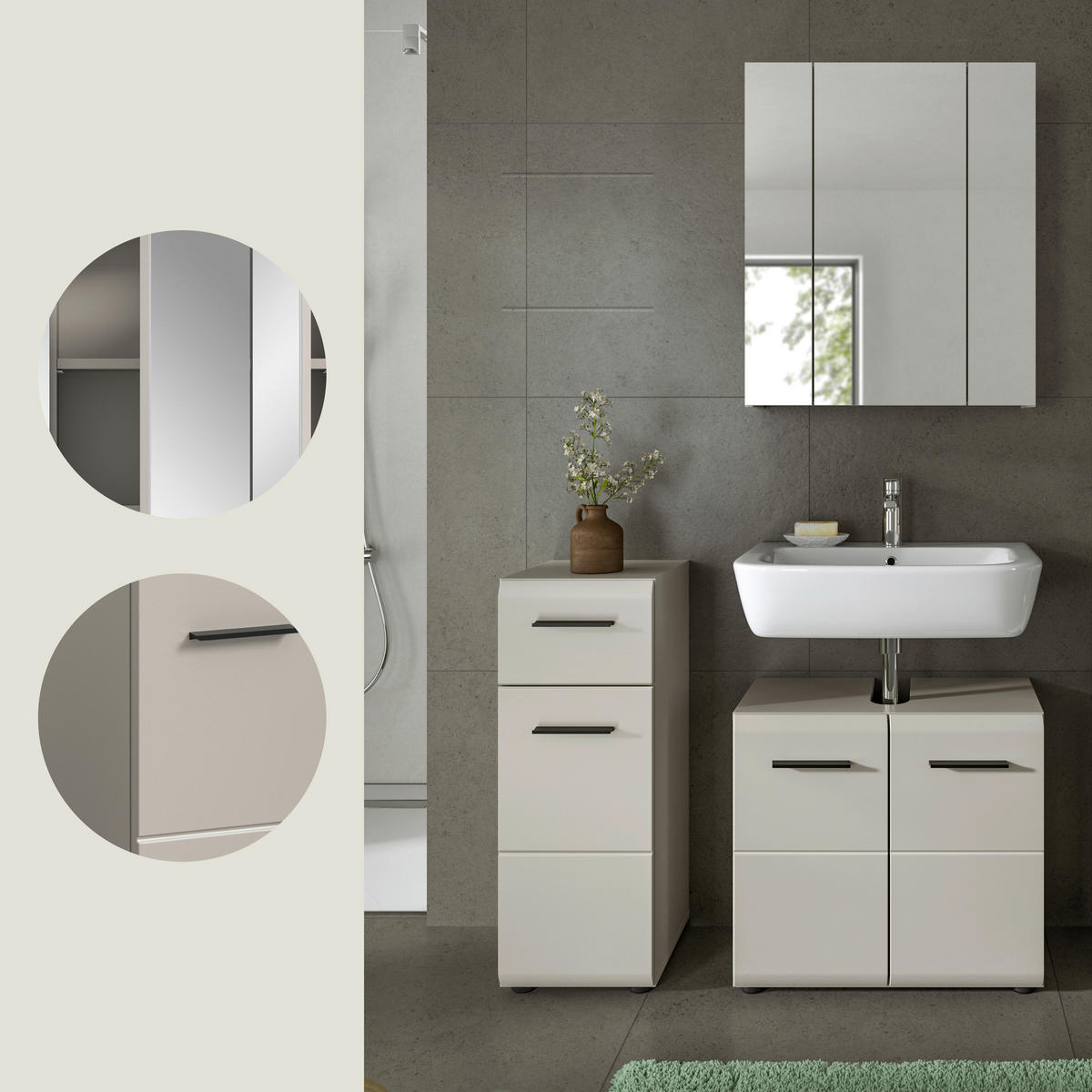 BADEZIMMER 3-teilig  in 90 cm  - Kaschmir/Schwarz, Trend, Glas/Holzwerkstoff (90cm) - MID.YOU