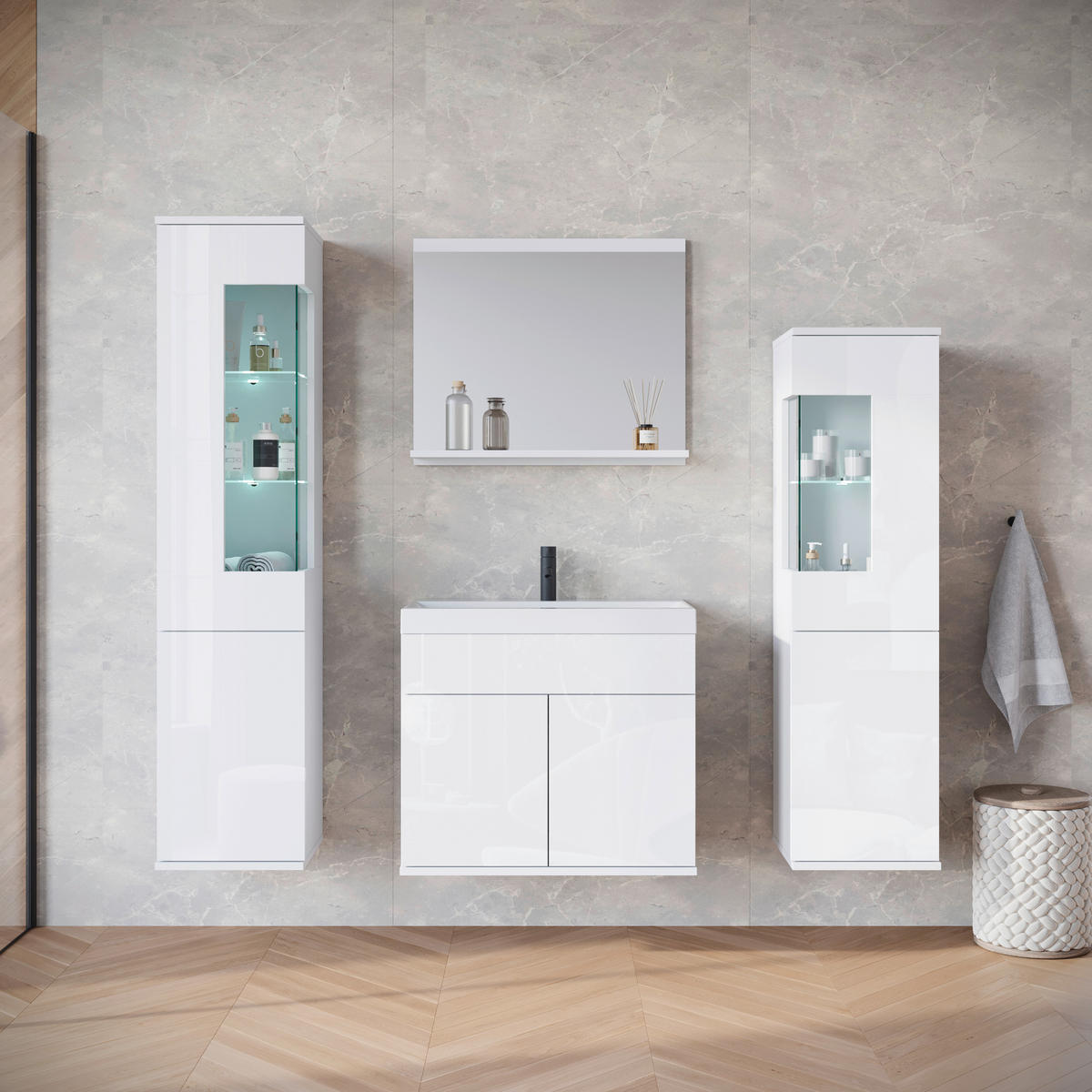 BADEZIMMER 5-teilig  in 120,4 cm  - Weiß Hochglanz/Weiß, Trend, Glas/Keramik (120,4cm) - P & B