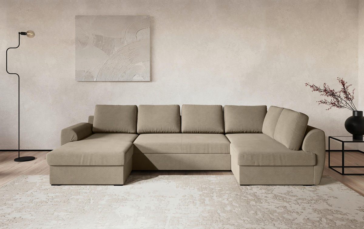 SJEDEĆA GARNITURA tekstil  smeđa   - smeđa/crna, Trend, tekstil/plastika (154/327/86cm) - MID.YOU