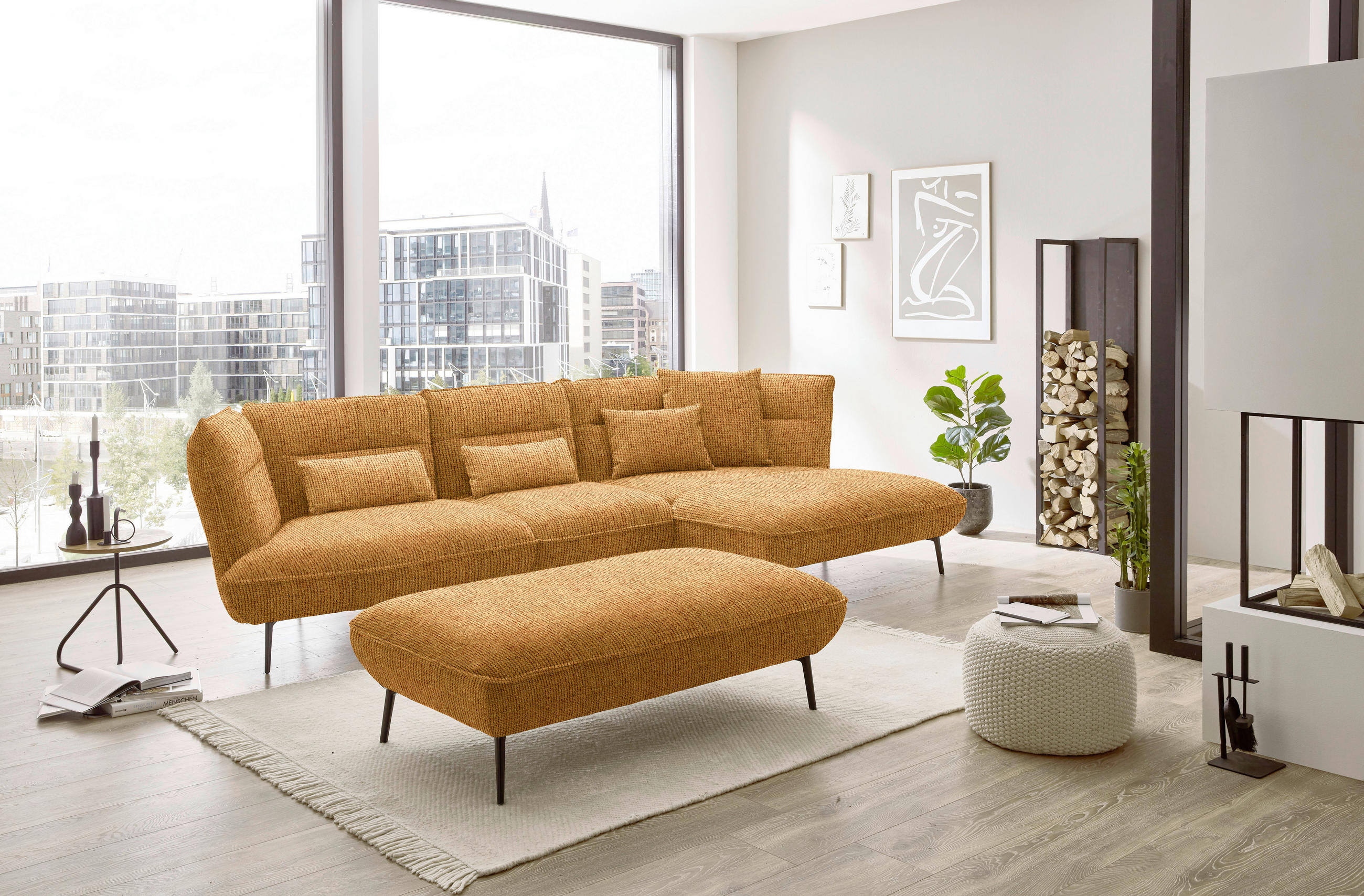 ECKSOFA in Flachgewebe Currygelb  - Currygelb/Schwarz, Design, Textil/Metall (339/153cm) - Moderano