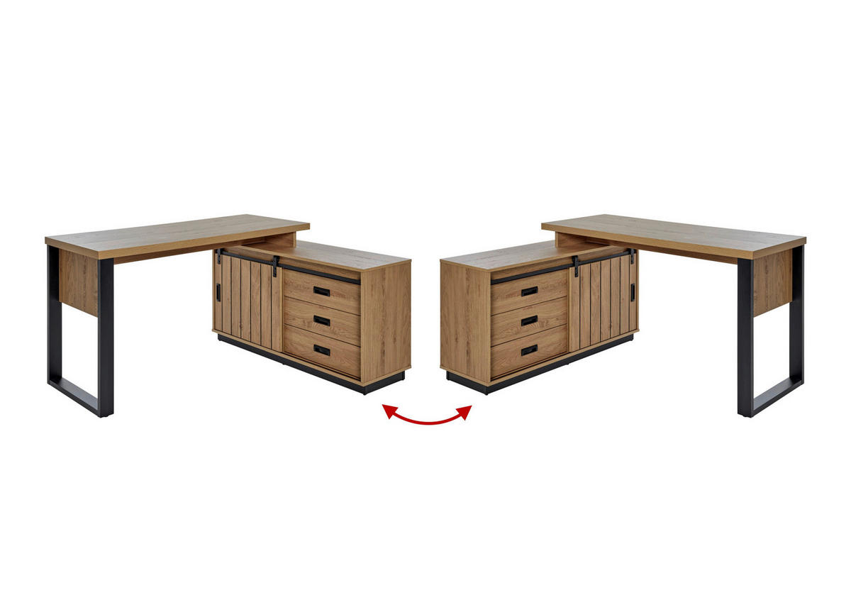 ECKSCHREIBTISCH 150/116/75,5 cm  in Eichefarben  - Eichefarben/Schwarz, MODERN, Holzwerkstoff/Metall (150/116/75,5cm) - MID.YOU
