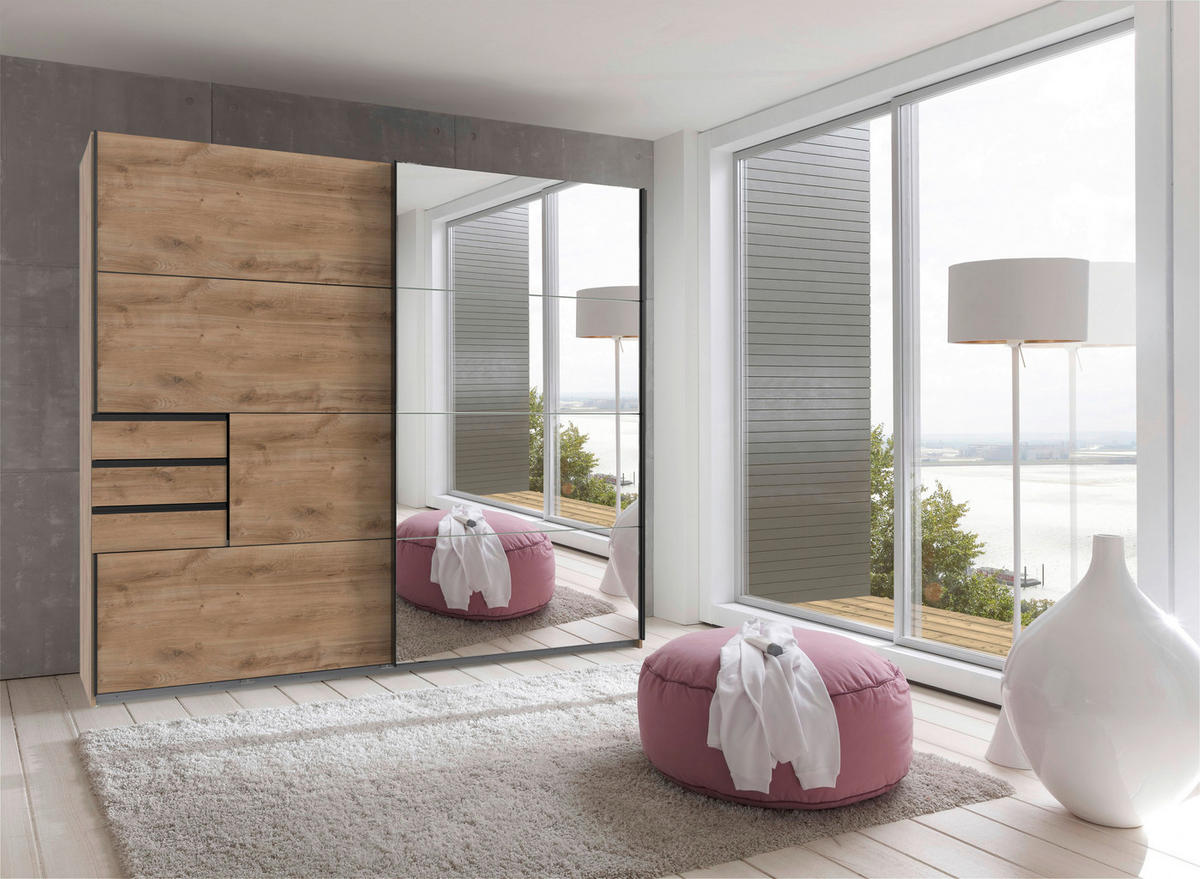 ORMAR S KLIZNIM VRATIMA boje hrasta, prozirno   - boje hrasta/prozirno, Moderno, drvni materijal/metal (225/210/64cm) - Modern Living