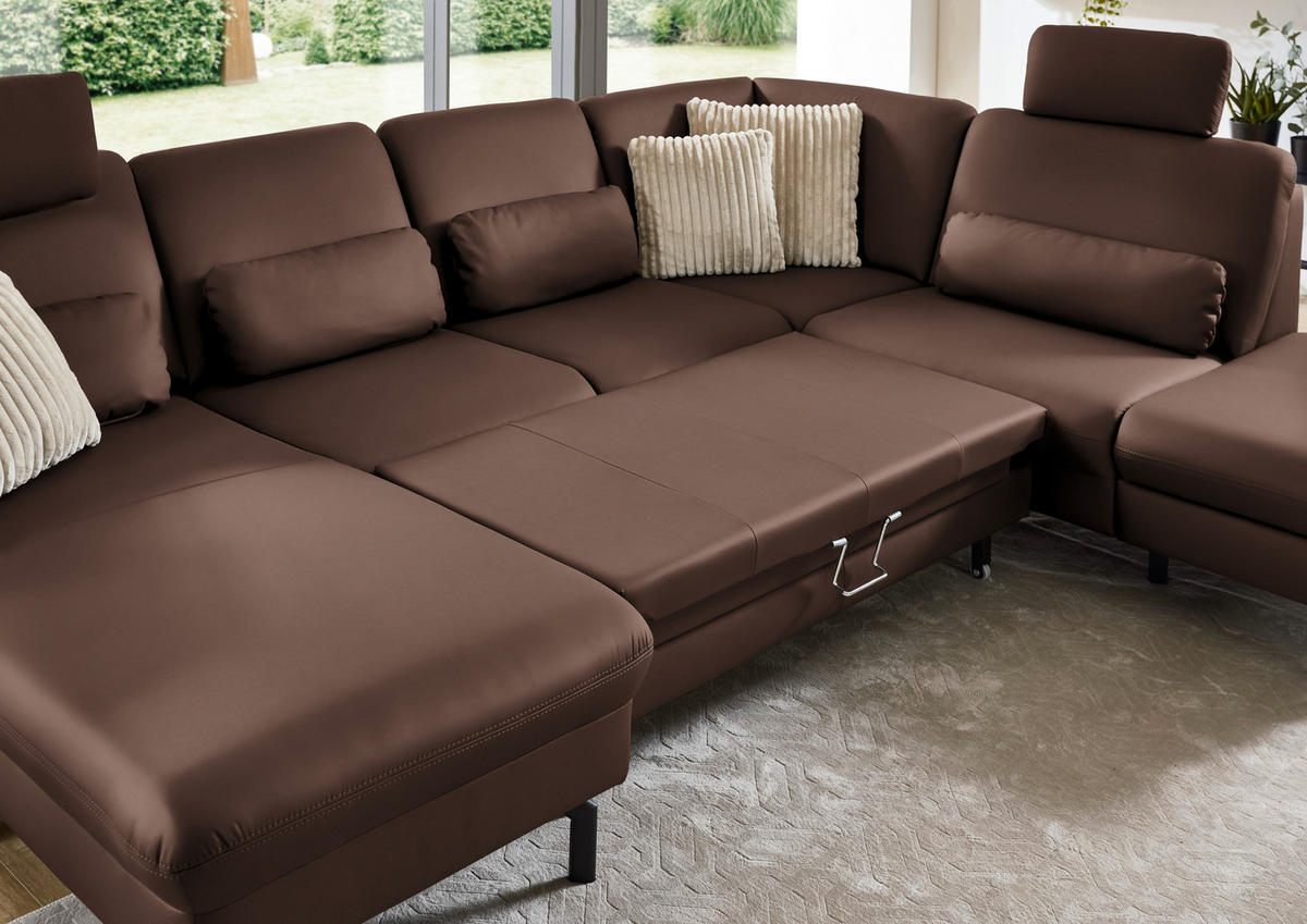 WOHNLANDSCHAFT Echtleder Mokka  - Schwarz/Mokka, Konventionell, Leder/Metall (168/306/224cm) - Beldomo Premium