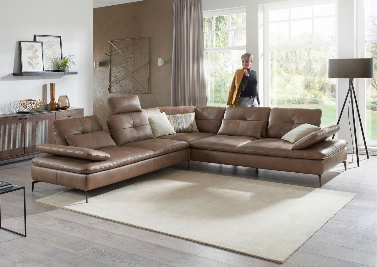 ECKSOFA Sandfarben Echtleder  - Sandfarben/Bronzefarben, Design, Leder/Metall (298/298cm) - Chilliano
