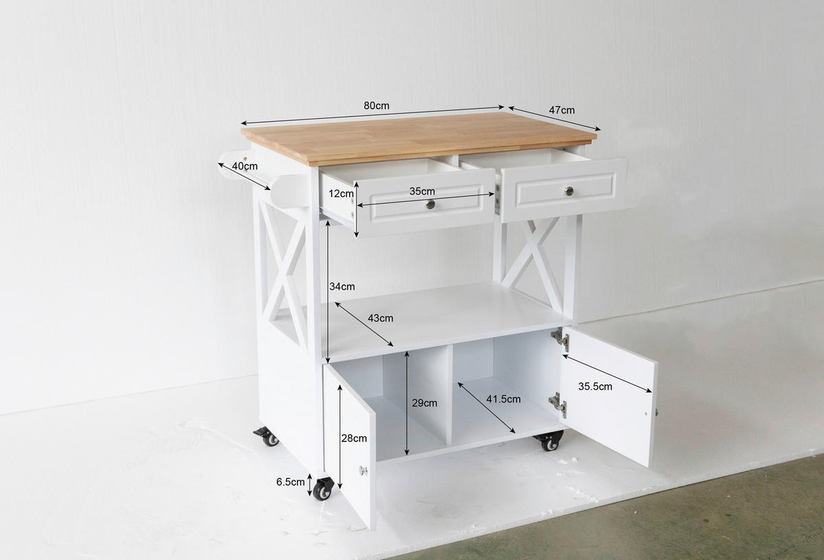 SERVIERWAGEN Kautschukholz vollmassiv Weiß  - Schwarz/Weiß, Basics, Holz/Holzwerkstoff (88/88/47cm) - MID.YOU