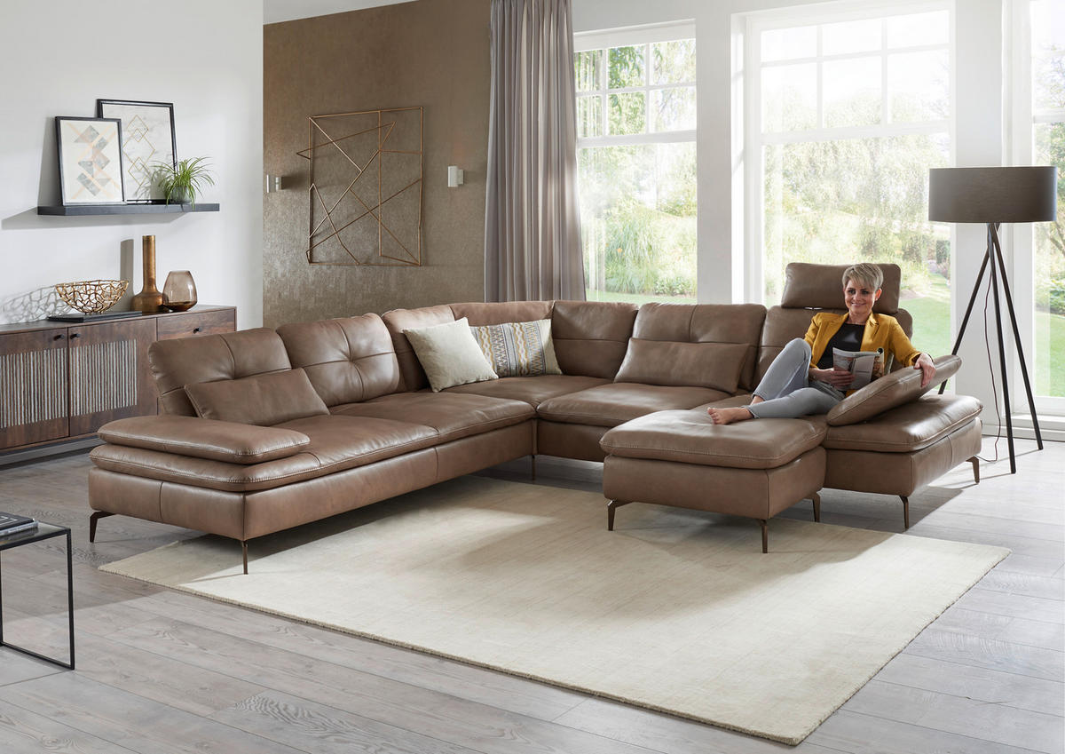 ECKSOFA Sandfarben Echtleder  - Sandfarben/Bronzefarben, Design, Leder/Metall (298/298cm) - Chilliano