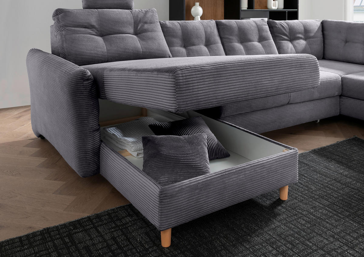 WOHNLANDSCHAFT in Cord Grau  - Naturfarben/Grau, Modern, Holz/Textil (176/338-352/206cm) - Livetastic