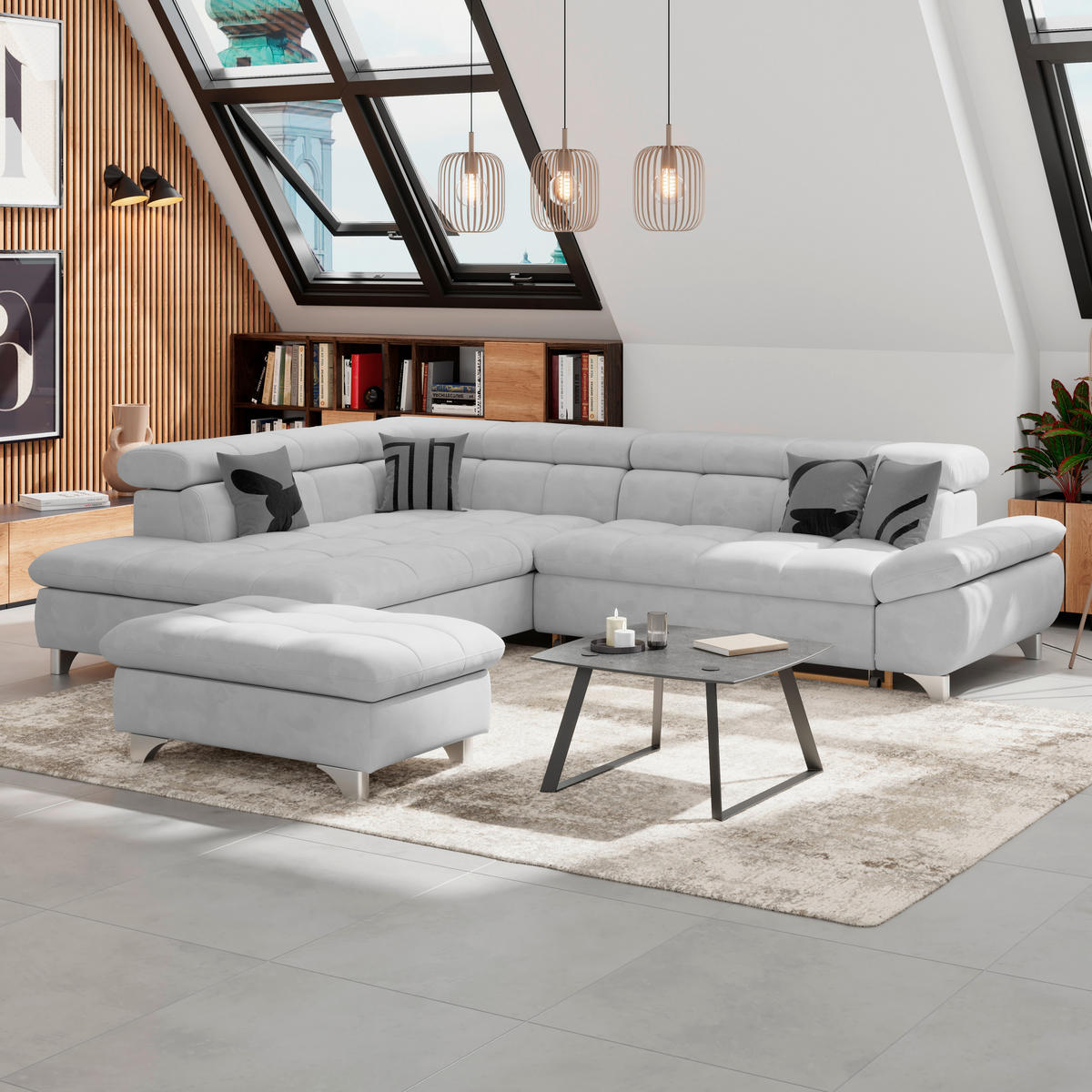 ECKSOFA Hellgrau Chenille  - Chromfarben/Hellgrau, KONVENTIONELL, Textil/Metall (234/312cm) - Livetastic