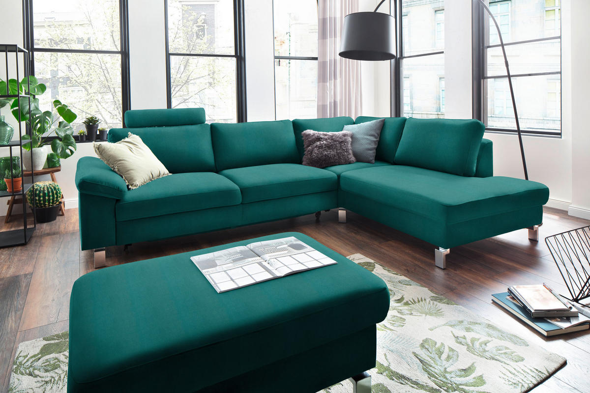 ECKSOFA in Velours Petrol  - Chromfarben/Petrol, Design, Textil/Metall (281/200cm) - Pure Home Lifestyle