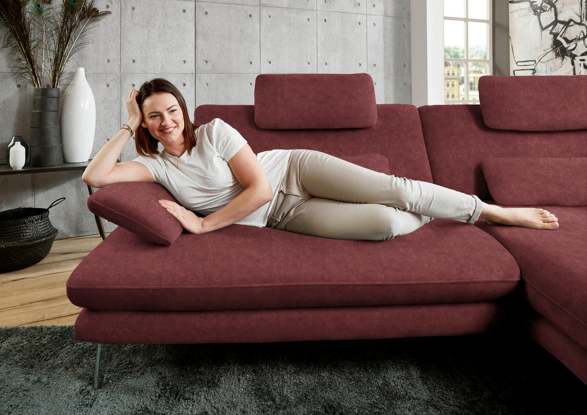 ECKSOFA in Velours Weinrot  - Weinrot/Schwarz, Design, Textil/Metall (284/184cm) - Dieter Knoll