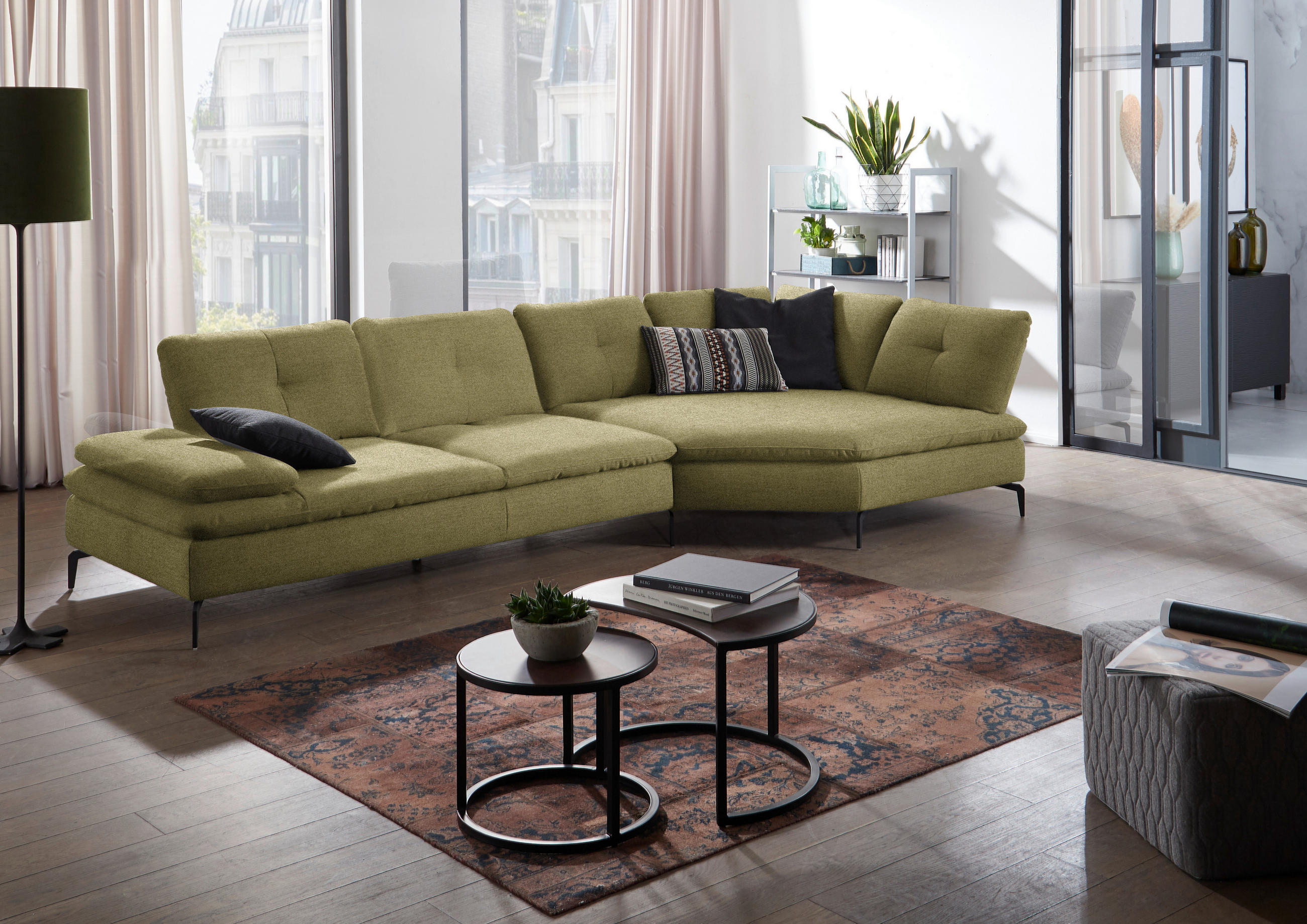ECKSOFA in Flachgewebe Olivgrün  - Schwarz/Olivgrün, Design, Textil/Metall (344/157cm) - Chilliano