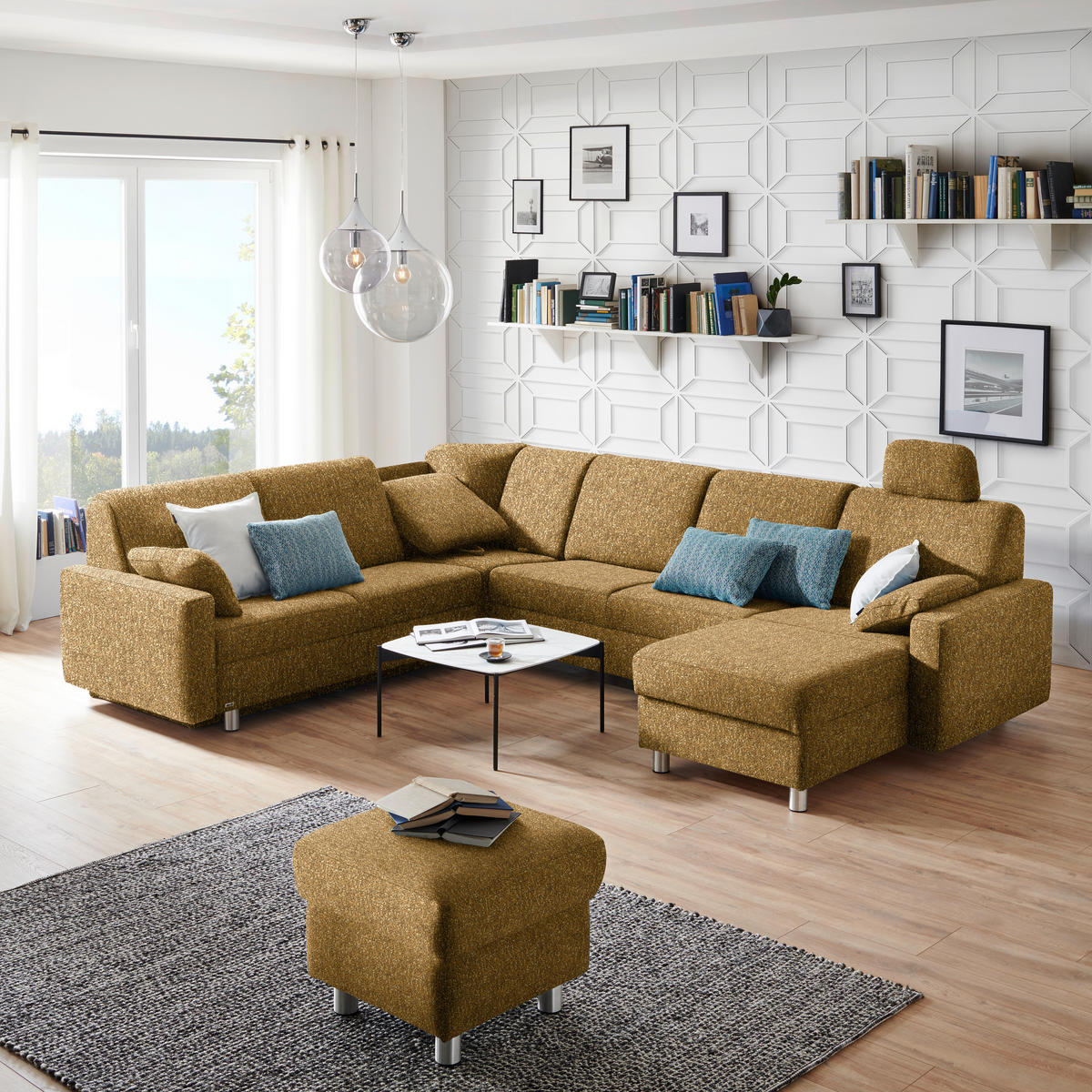 WOHNLANDSCHAFT  in Mikrovelours Senfgelb  - Senfgelb/Alufarben, KONVENTIONELL, Kunststoff/Textil (236/322/158cm) - Sedda