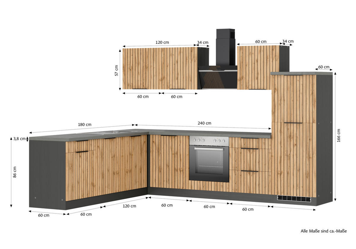ECKKÜCHE 300/240 cm  in Graphitfarben, Eiche Wotan  - Schieferfarben/Eiche Wotan, Basics, Holzwerkstoff/Metall (300/240cm) - Held