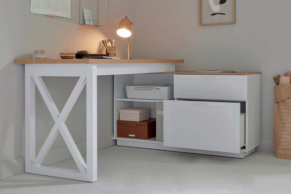 ECKSCHREIBTISCH 150/119/75 cm  in Weiß, Eichefarben  - Eichefarben/Weiß, KONVENTIONELL, Holzwerkstoff/Metall (150/119/75cm) - Livetastic