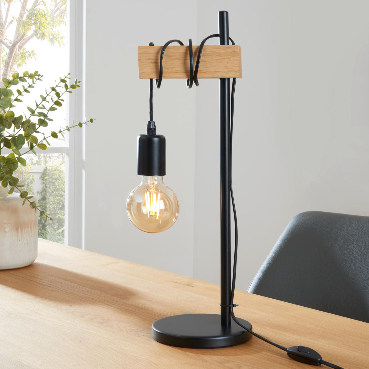 TISCHLEUCHTE Townshend 15,5/50 cm  - Schwarz/Braun, KONVENTIONELL, Holz/Metall (15,5/50cm)