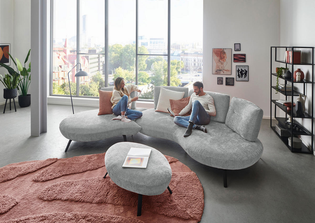 BIGSOFA Flachgewebe Hellgrau  - Hellgrau/Schwarz, Design, Textil/Metall (456/93/138cm) - Moderano
