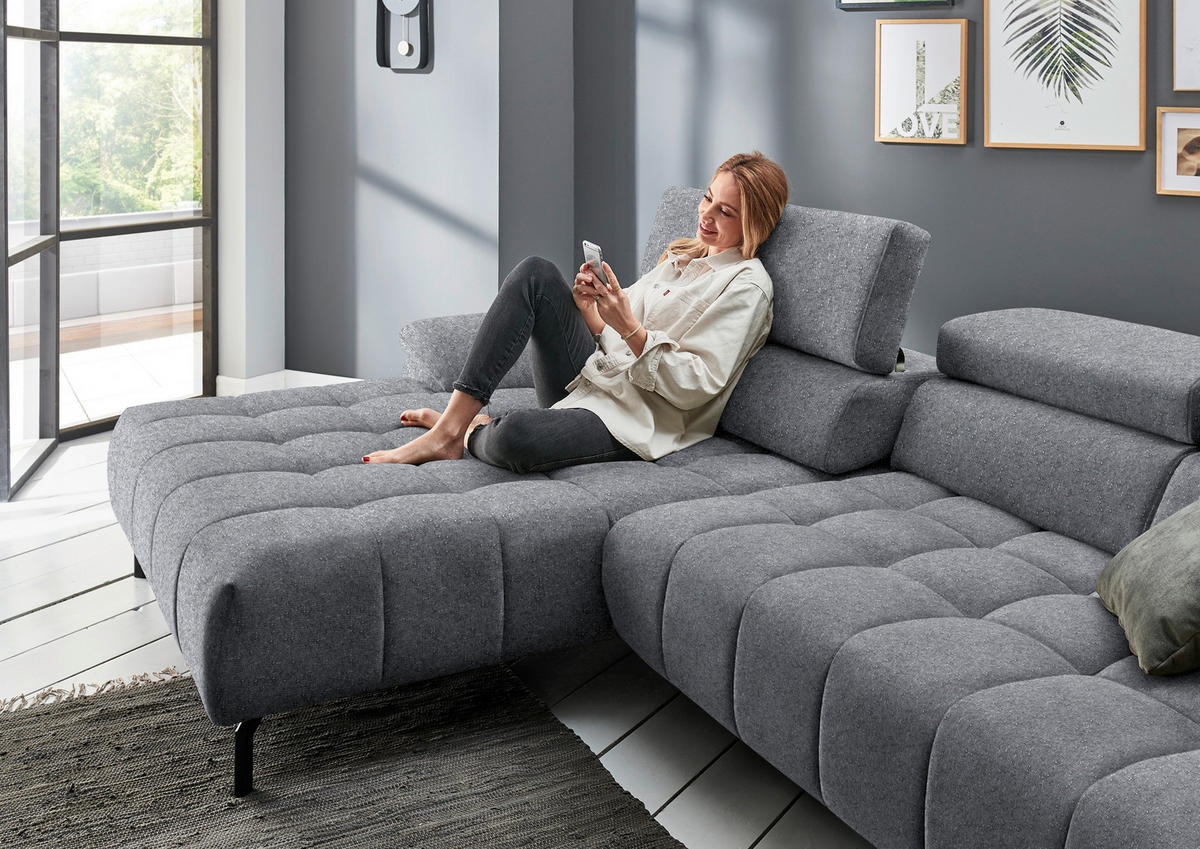 ECKSOFA in Chenille Grau  190/329 cm  - Schwarz/Grau, Design, Textil/Metall (190/329cm) - Beldomo Style
