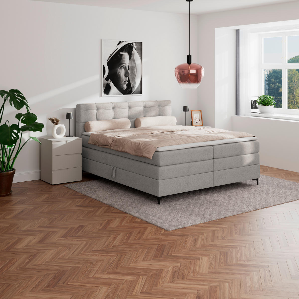 BOXSPRINGBETT 200/200 cm,  in Lavagrau, H3 = fest  - Lavagrau/Schwarz, KONVENTIONELL, Kunststoff/Textil (200/200cm)