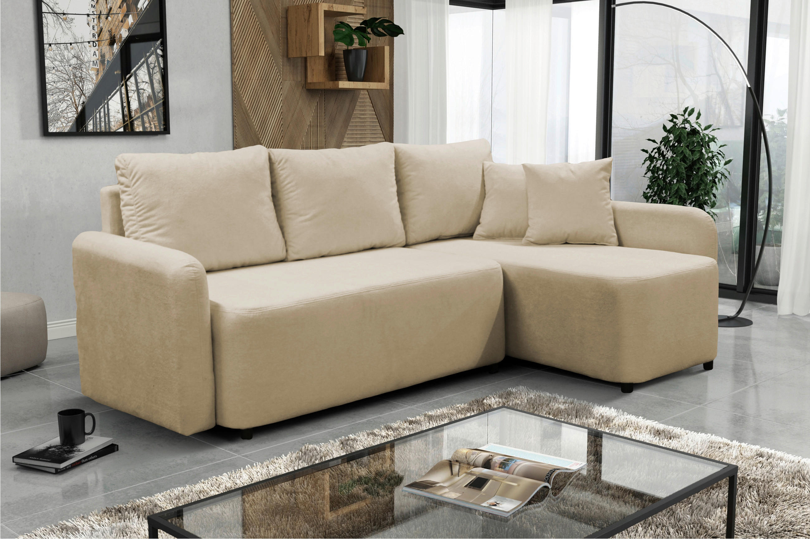 ECKSOFA STERN Beige Bouclé Zierkissen, Rückenkissen, Bettkasten  - Beige/Schwarz, Design, Kunststoff/Textil (207/152cm) - MID.YOU