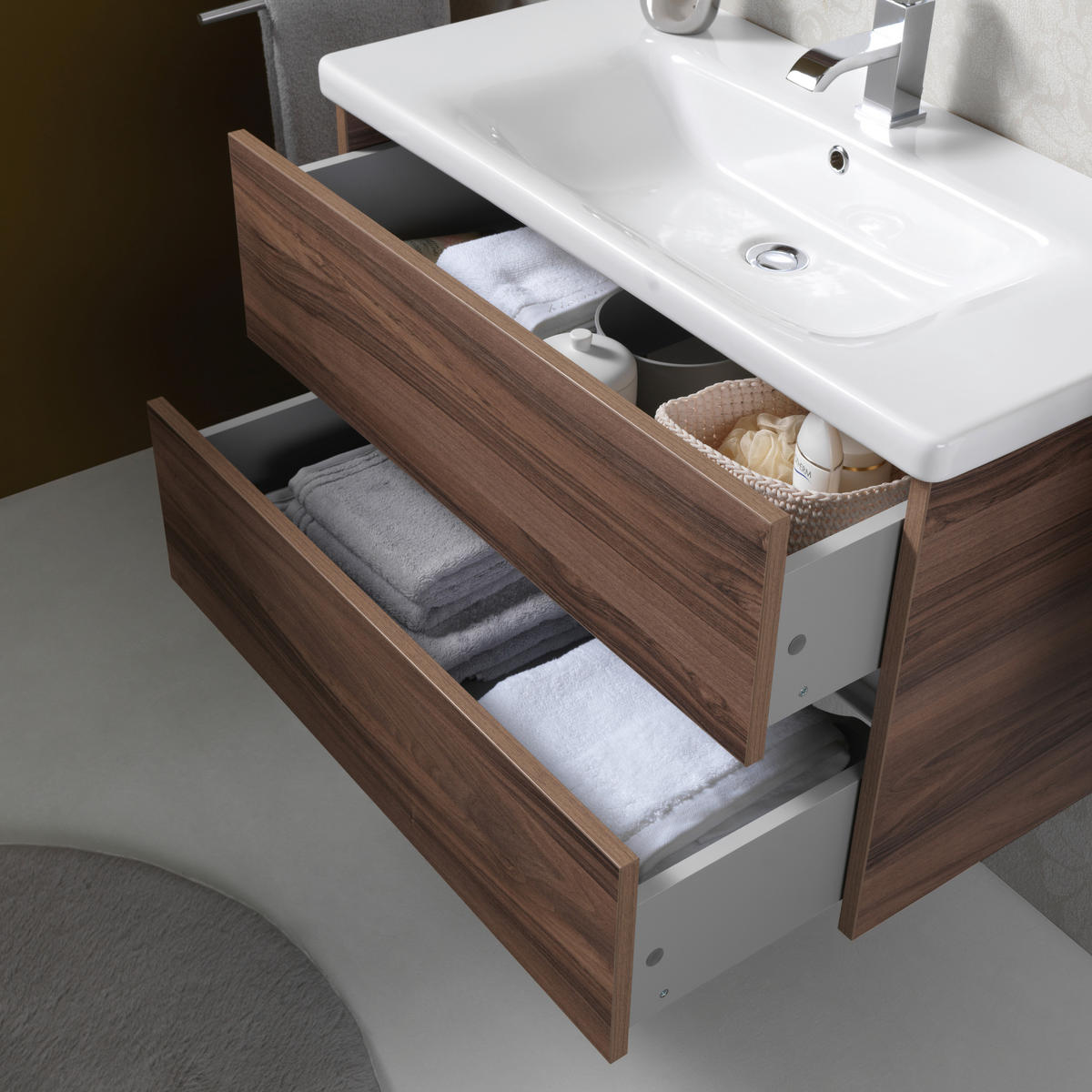 WASCHTISCHKOMBI 90 cm  - Nussbaumfarben/Weiß, Basics, Keramik/Holzwerkstoff (90cm) - Voleo