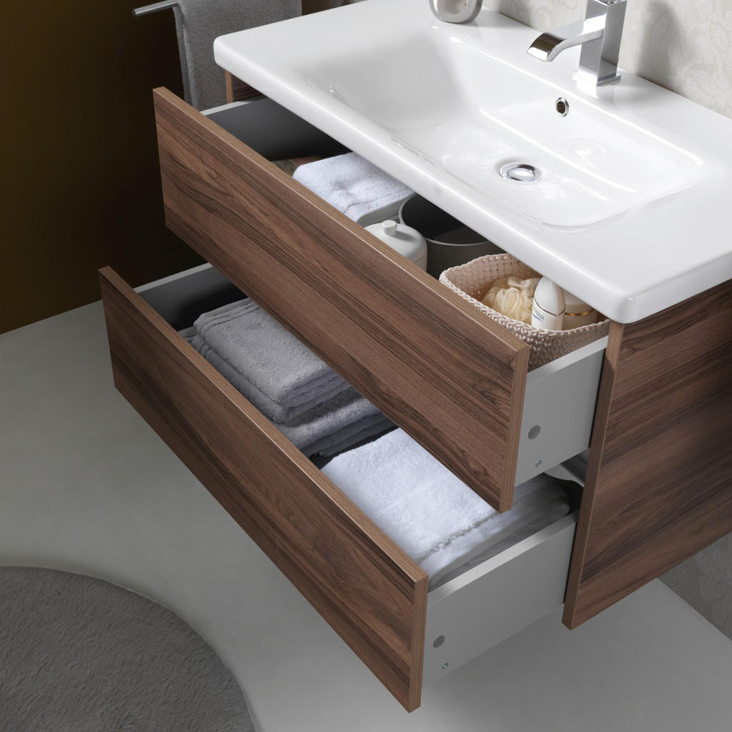 Thumbnail - Voleo Waschtischkombi Louisiana, Weiß, Nussbaum, Holzwerkstoff, 2 Schubladen, 90 cm, hängend, Badezimmer, Waschbecken & ...