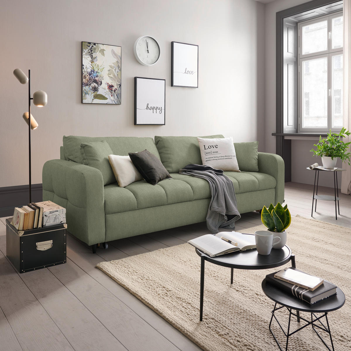 SCHLAFSOFA Cord, Velours Grün Stoffauswahl, Bettfunktion erhältlich, Rücken echt, Armteil links, Armteil rechts  - Schwarz/Grün, Design, Holz/Textil (236/88/101cm) - Lomoco