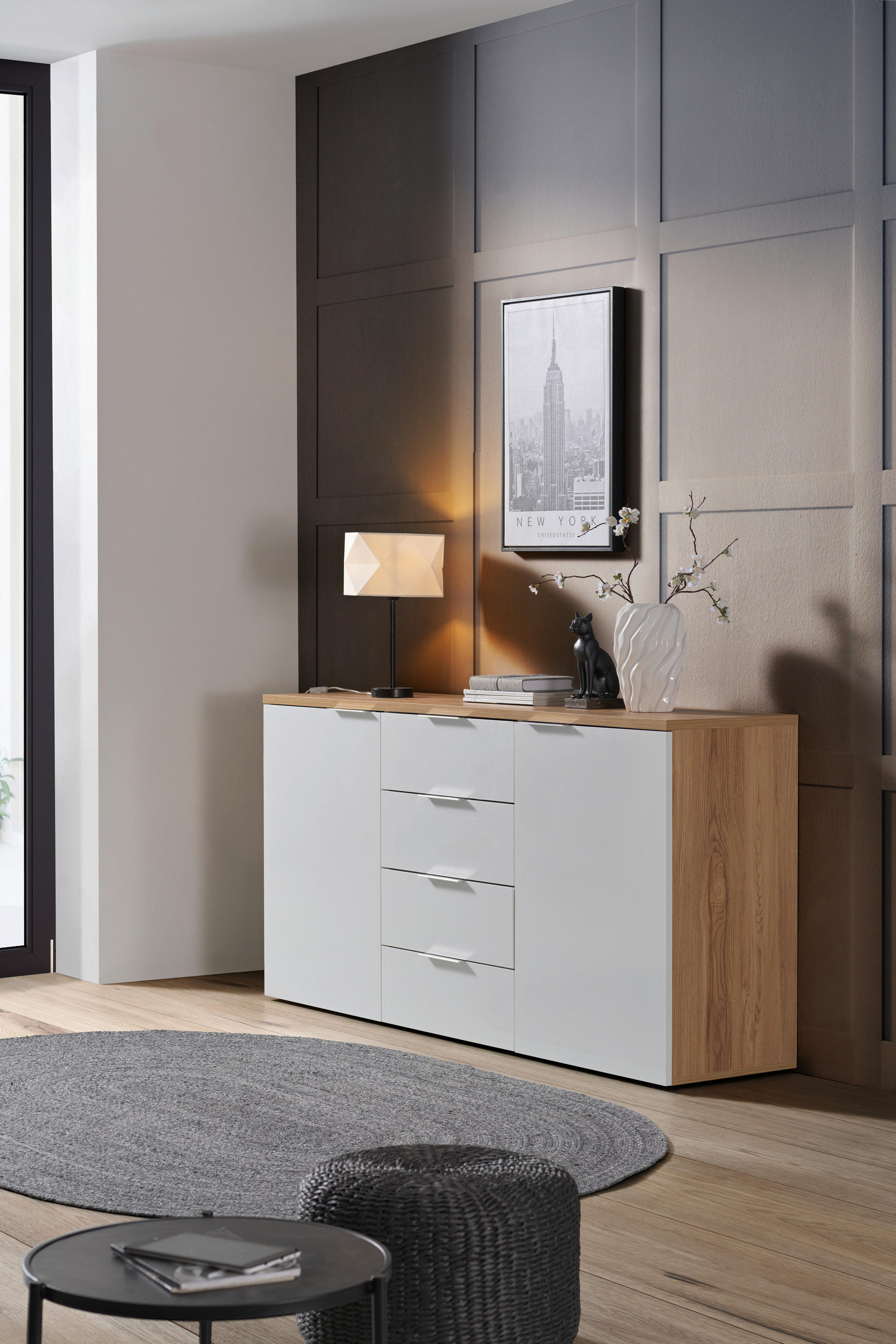 Thumbnail - Xora Sideboard, Eiche, Weiß Hochglanz, Metall, 4 Fächer, 4 Schubladen, 180x89x43 cm, Wohnzimmer, Kommoden & Sideboards, ...