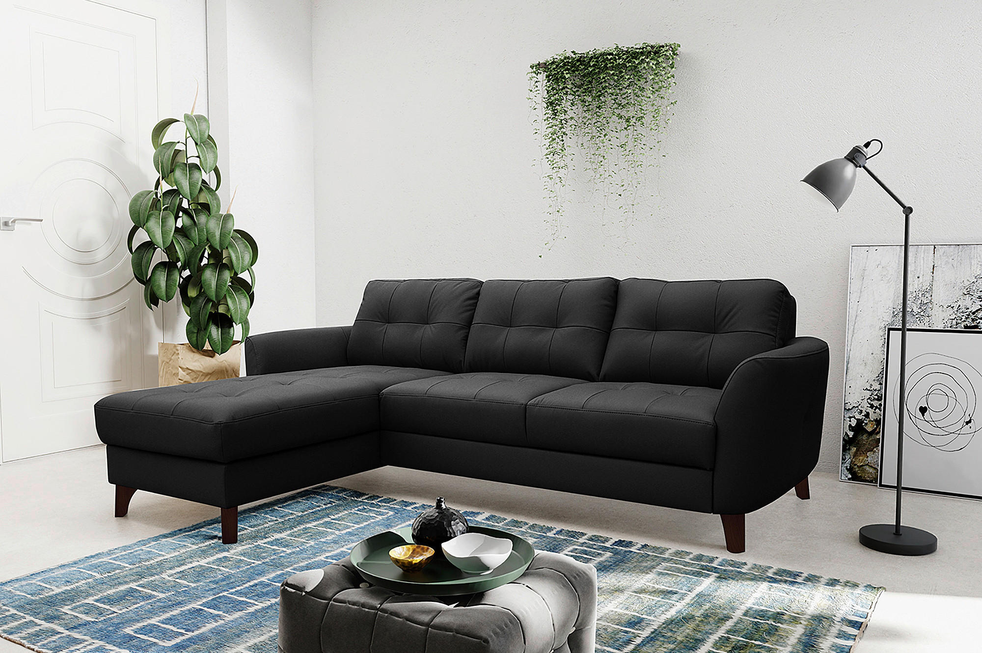 ECKSOFA in Lederlook Echtleder Schwarz  - Buchefarben/Schwarz, Design, Leder/Holz (238/168cm) - Livetastic