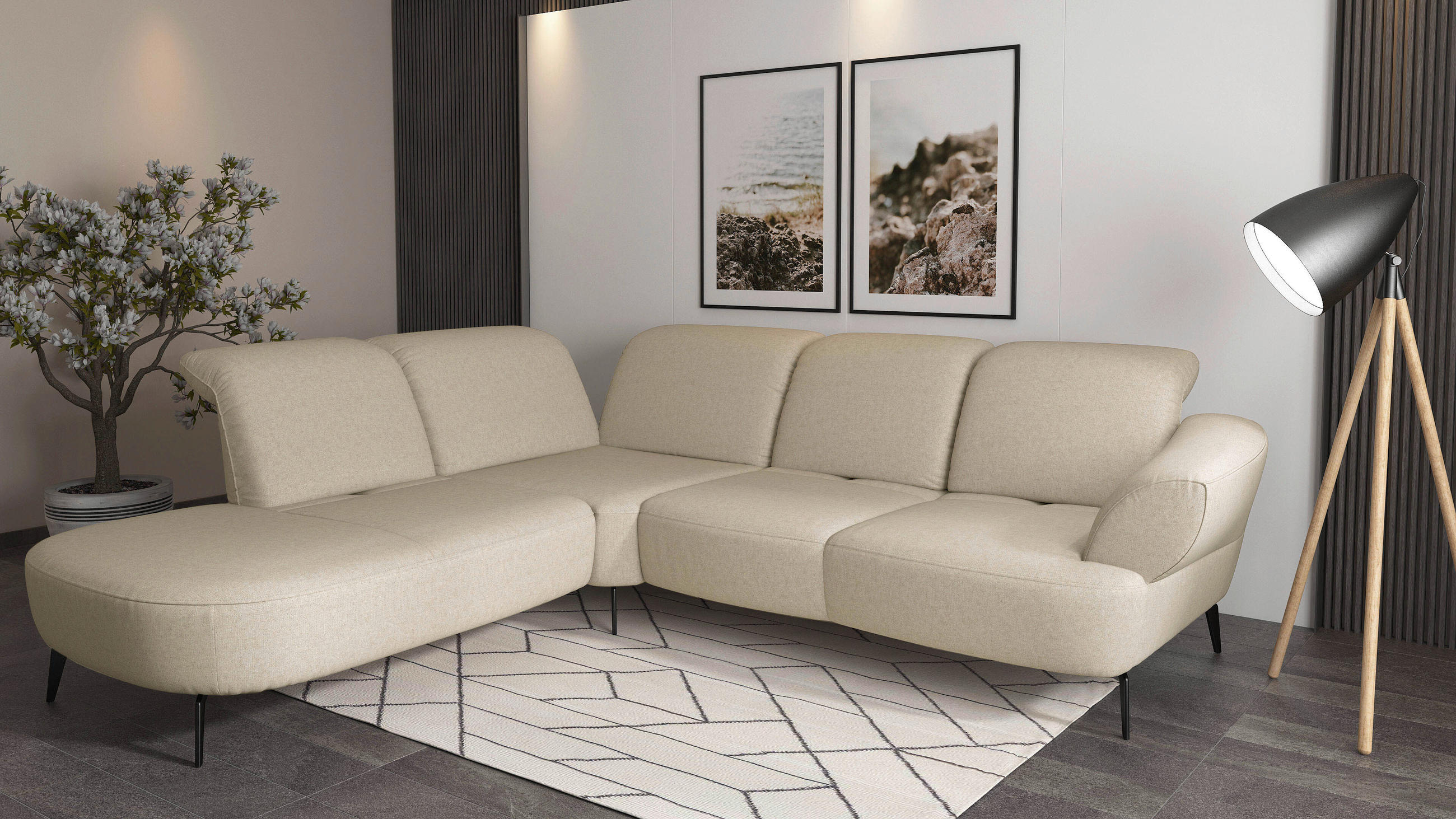 ECKSOFA in Flachgewebe Creme  - Creme/Schwarz, Modern, Textil/Metall (270/302cm) - Sit & More