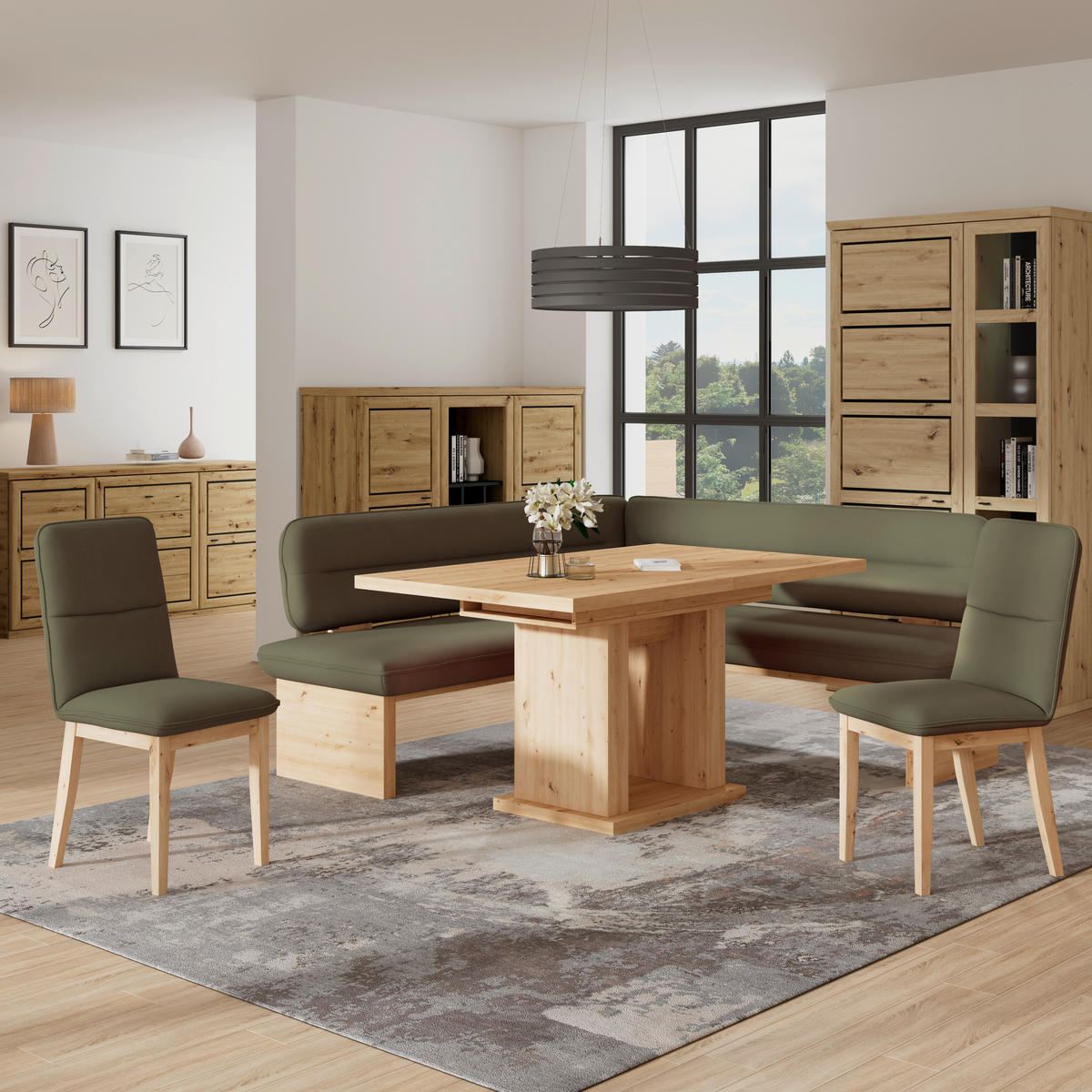 ECKBANK 212/170 cm Webstoff Grün Eiche Sperrholz   - Eichefarben/Grün, KONVENTIONELL, Holz/Textil (212/170cm) - Livetastic