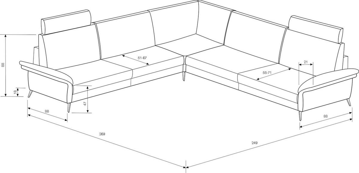 ECKSOFA Platinfarben Flachgewebe  - Platinfarben/Schwarz, KONVENTIONELL, Textil/Metall (253/273cm) - Pure Home Comfort