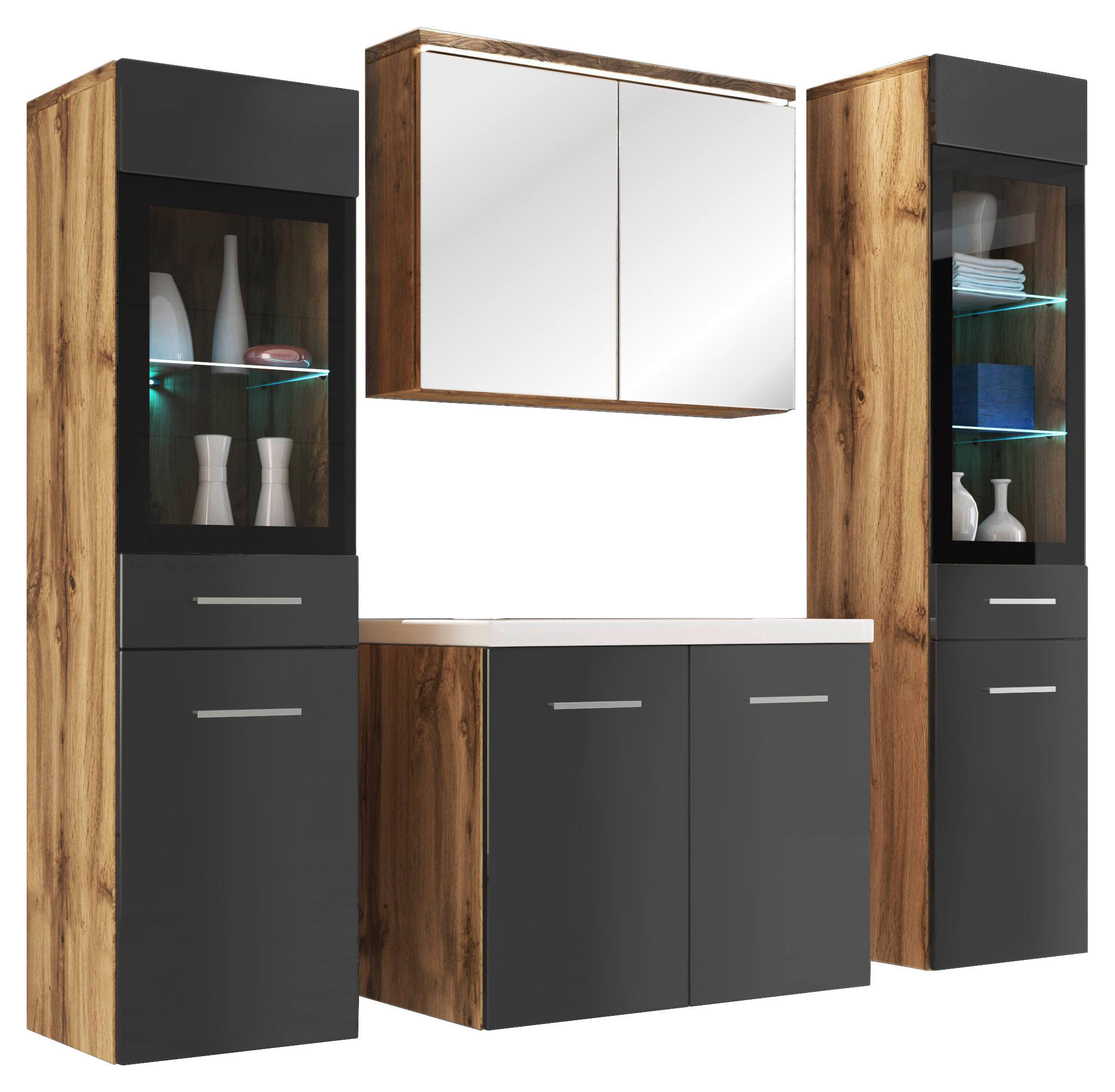 BADEZIMMER 5-teilig in 120 cm - Schwarz Hochglanz/Eiche Wotan, Basics, Glas/Holzwerkstoff (120cm) - P & B