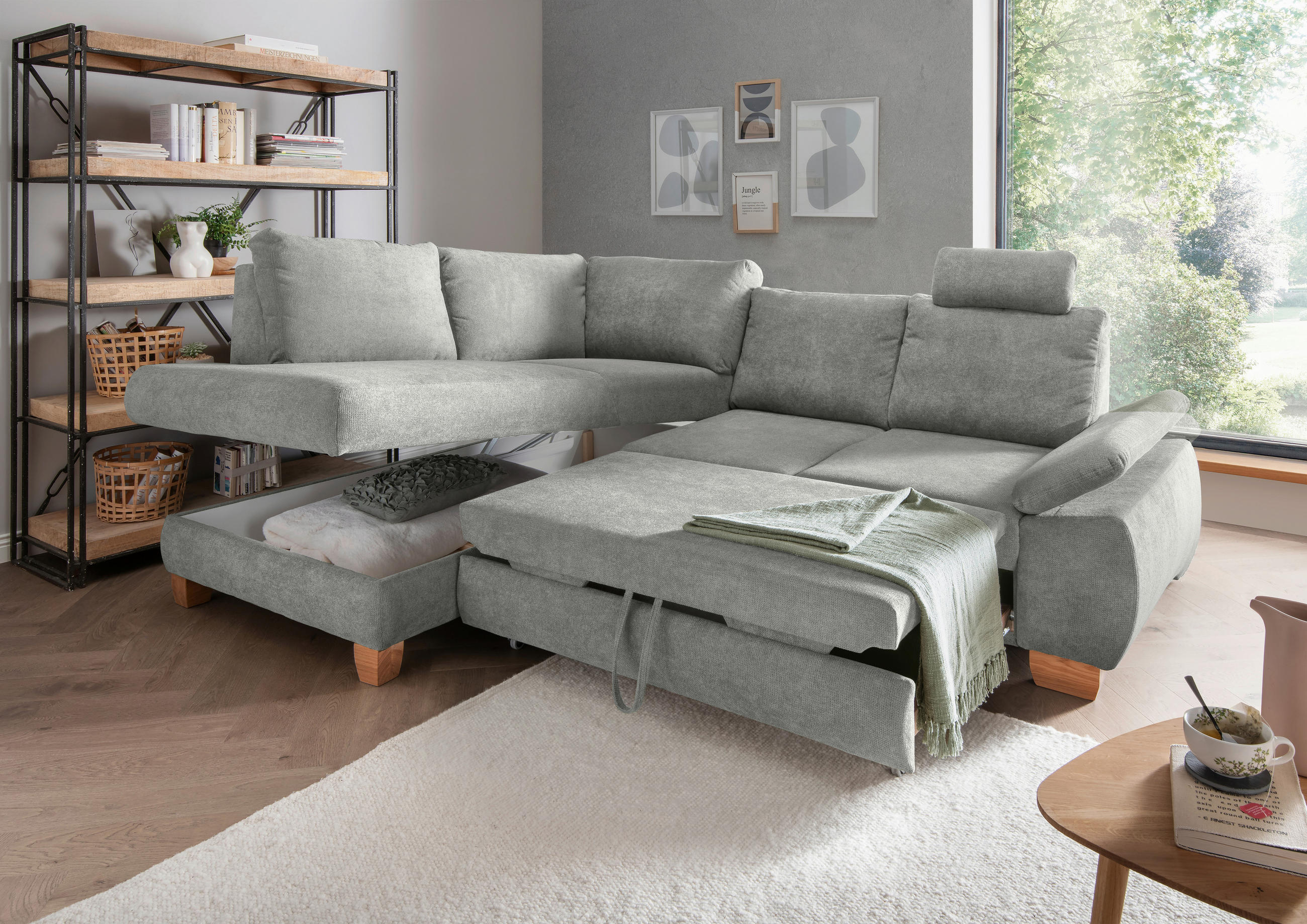 ECKSCHLAFSOFA Chenille Grau  - Wildeiche/Grau, MODERN, Holz/Textil (206/261cm) - Livetastic