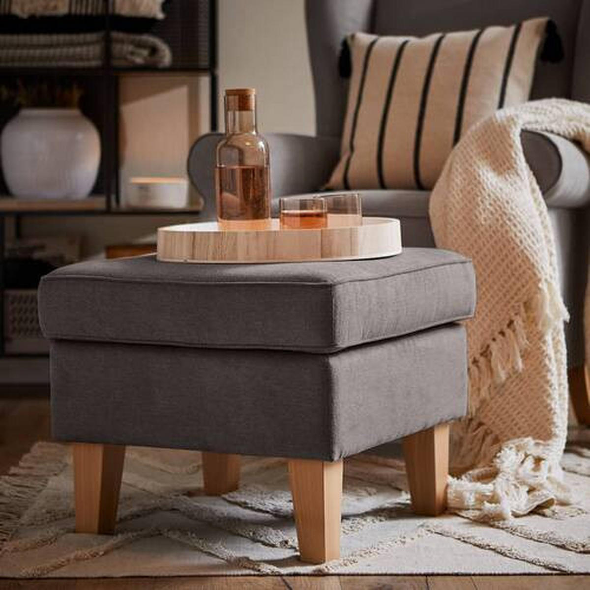 HOCKER in Textil Schlammfarben  - Schlammfarben/Eichefarben, Design, Holz/Textil (55/44/55cm) - MID.YOU