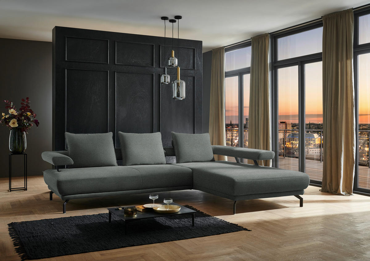 ECKSOFA in Chenille Graugrün  305/224 cm  - Schwarz/Graugrün, Design, Textil/Metall (305/224cm) - Dieter Knoll