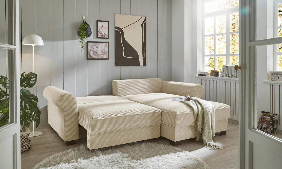 ECKSOFA in Cord Creme  - Creme/Schwarz, Konventionell, Kunststoff/Textil (255/185cm) - MID.YOU