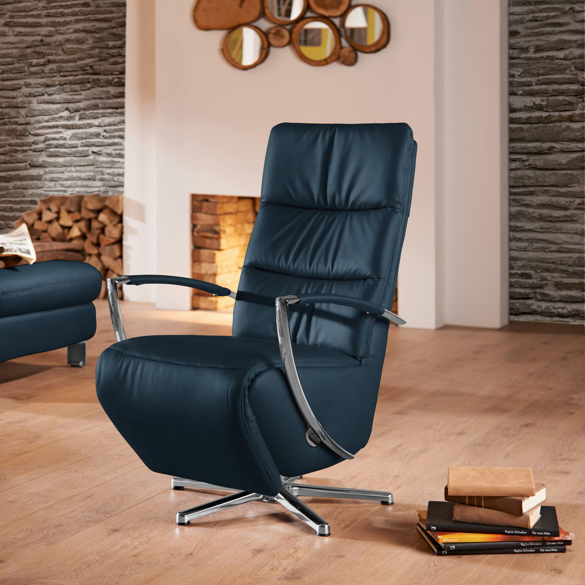 RELAXSESSEL Echtleder    - Chromfarben/Dunkelblau, Design, Leder/Metall (64/112/80cm) - Cantus