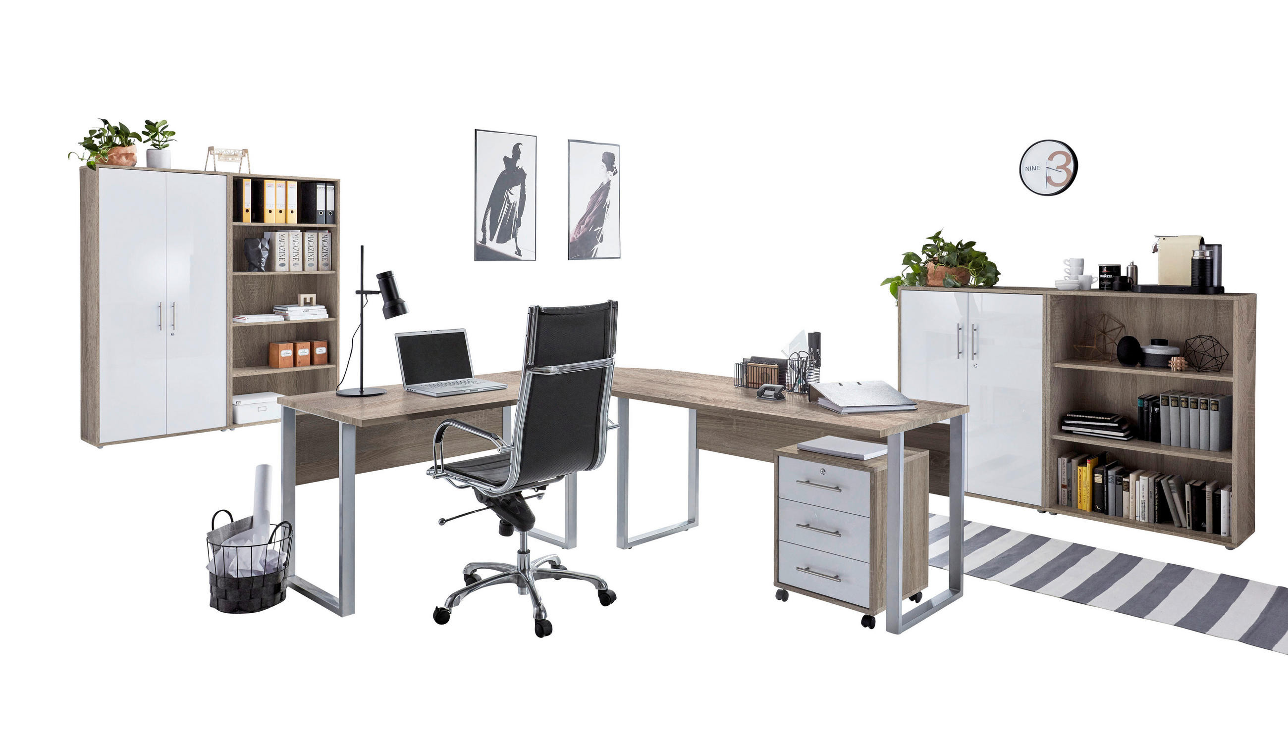 BÜRO erweiterbar, in verschiedenen Holz-Dekoren erhältlich, Schreibtisch seitenverkehrt montierbar, abschließbar Sonoma Eiche, Weiß Hochglanz - Weiß Hochglanz/Sonoma Eiche, MODERN, Holzwerkstoff - MID.YOU