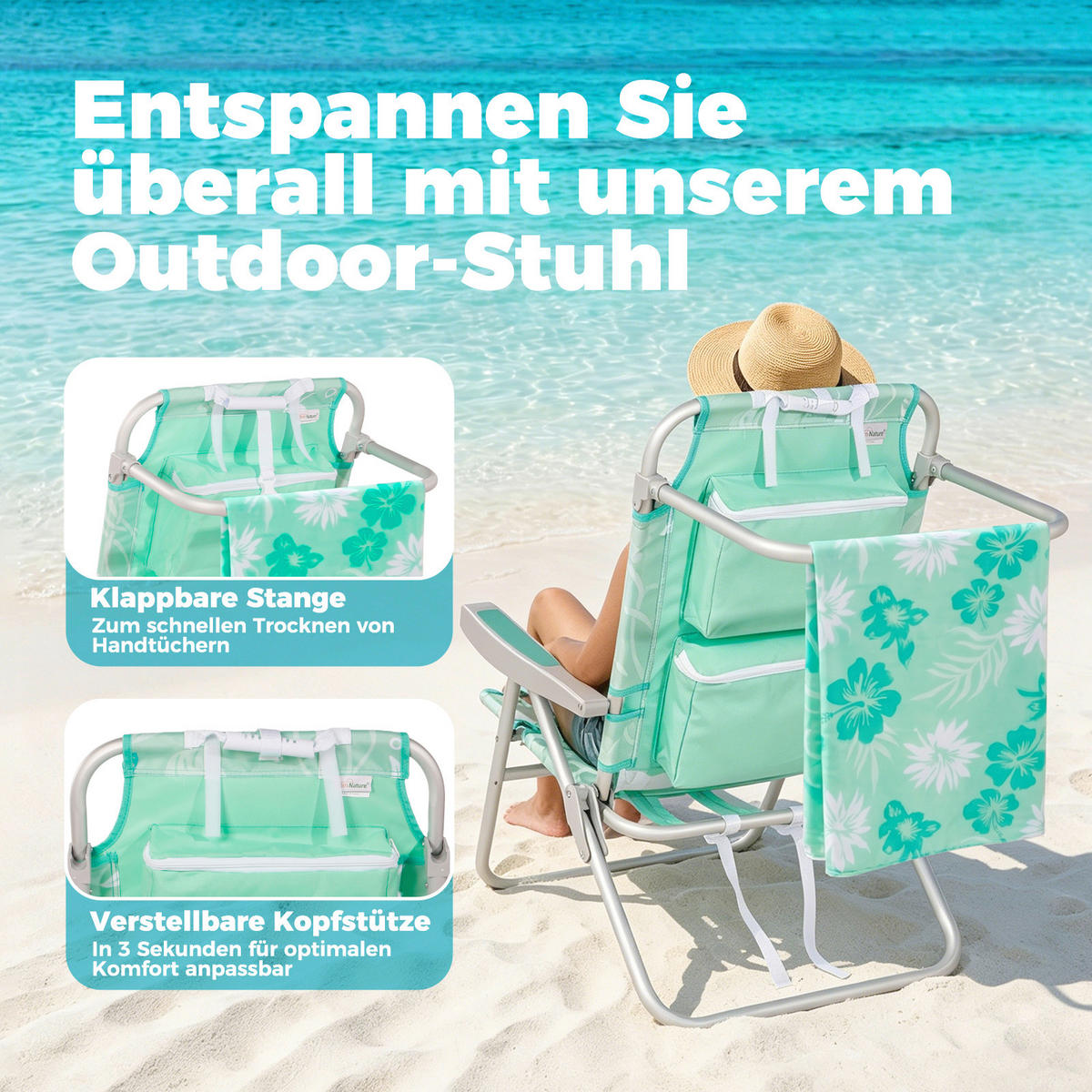 STRANDSTUHL Aluminium Alufarben, Mintgrün  - Alufarben/Mintgrün, Basics, Textil/Metall (61/62.5/83.5cm) - Modante