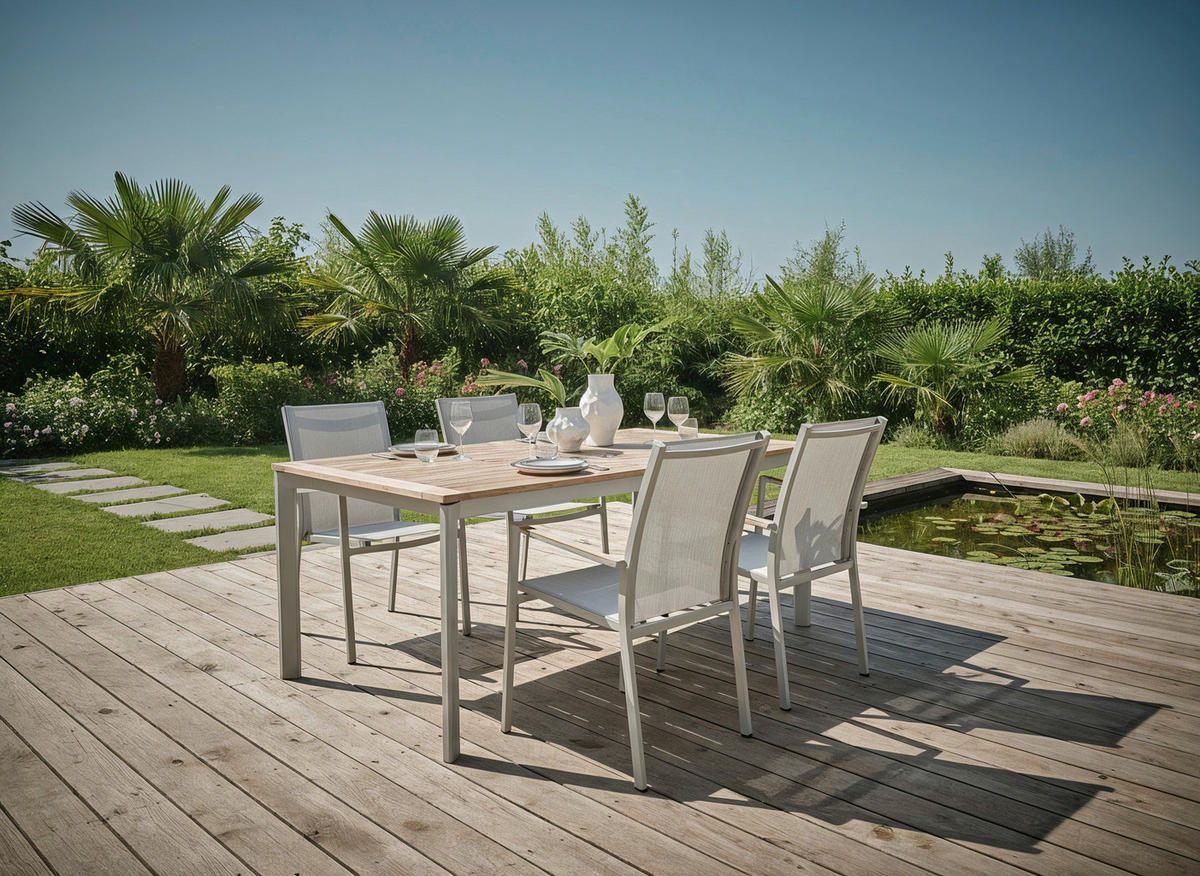 GARTENTISCHGRUPPE Flachgewebe Teakholzmassiv Aluminium  - Greige/Teakfarben, Basics, Holz/Textil - Stern