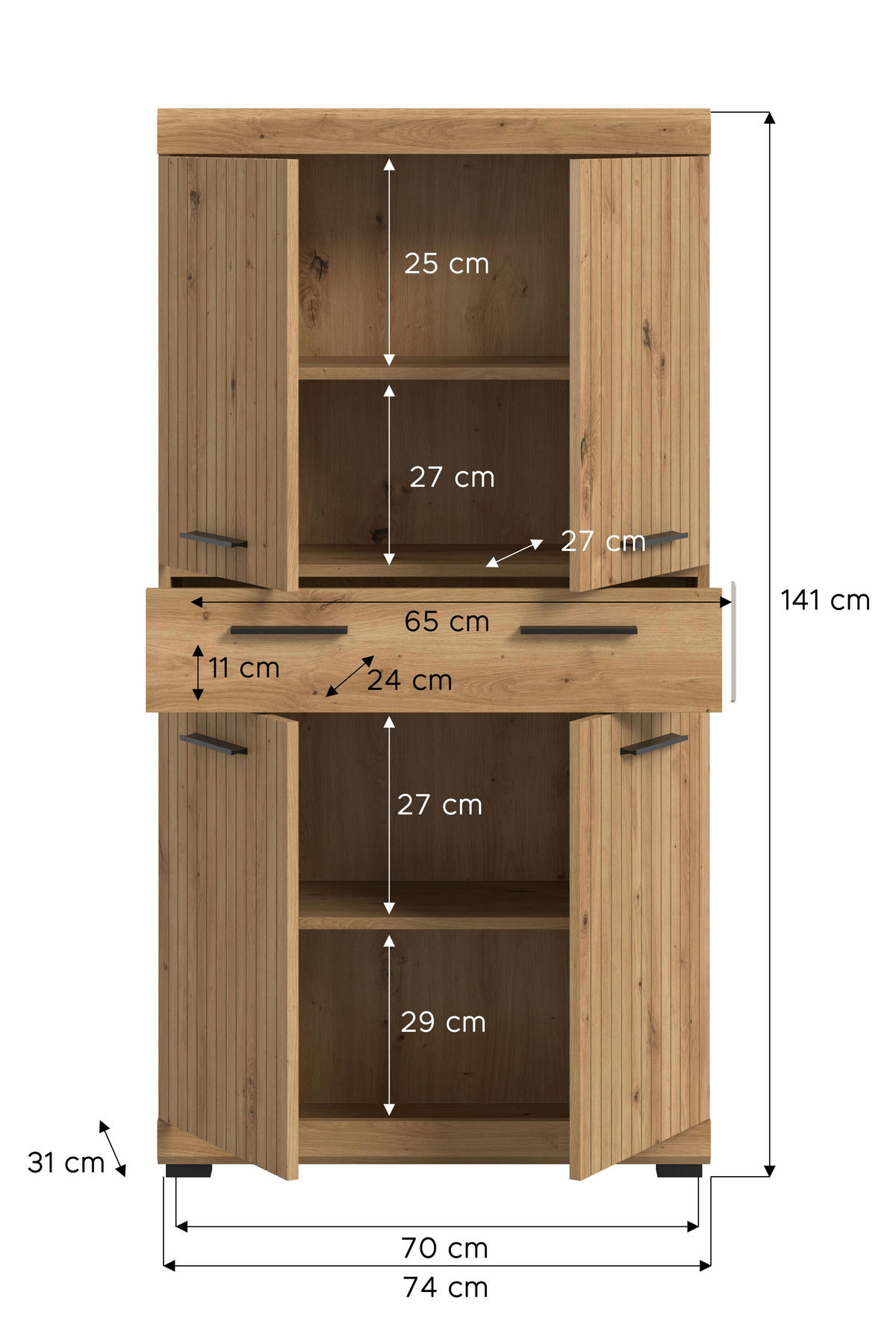 MIDISCHRANK 74/141/31 cm  - Schwarz/Eiche Artisan, Trend, Holzwerkstoff/Kunststoff (74/141/31cm) - MID.YOU
