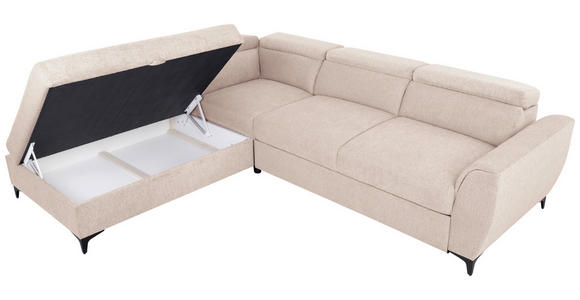 ECKSOFA Creme Velours Bettkasten, Schlaffunktion, Rücken echt, Kopfteilverstellung, Liegefläche im Originalstoff  - Creme/Schwarz, KONVENTIONELL, Textil/Metall (217/255cm) - Carryhome