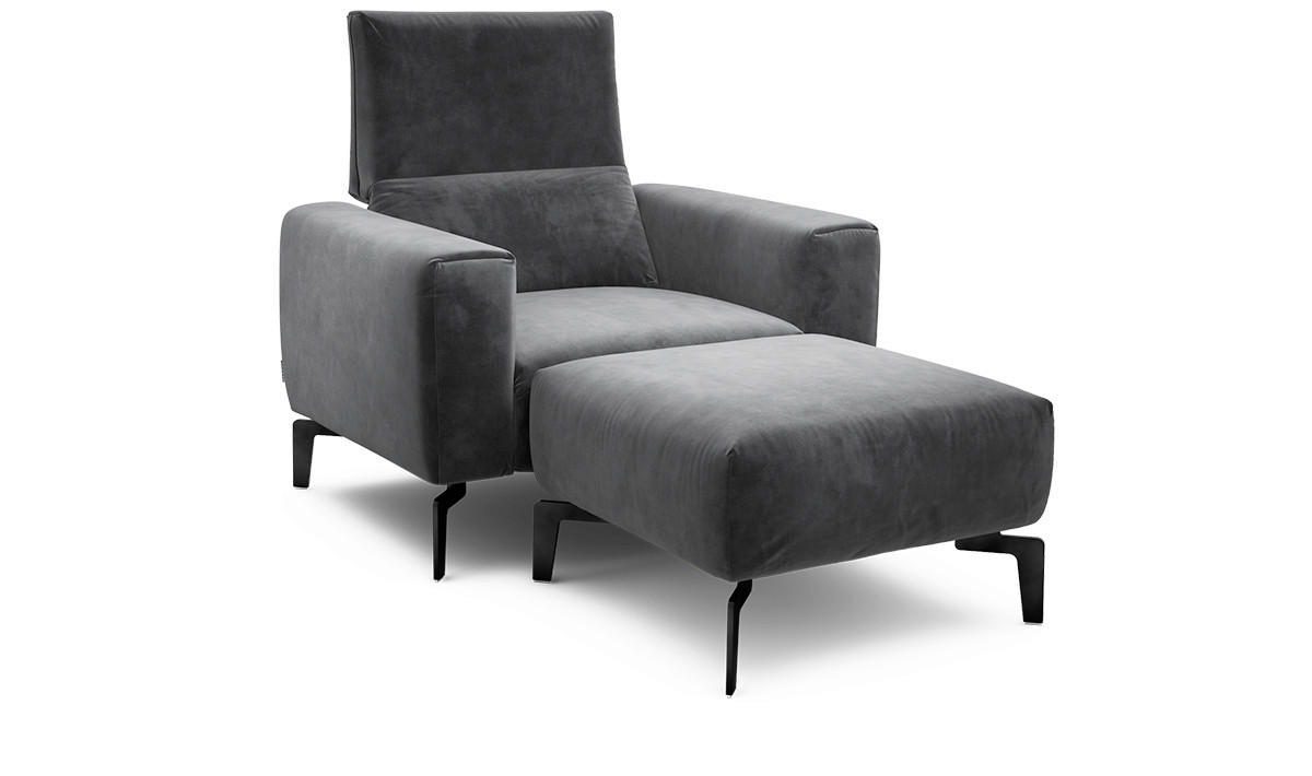 Sessel inkl. Hocker in Samt Anthrazit  - Anthrazit/Schwarz, Design, Textil/Metall (110/85/86-94cm) - SENSOO