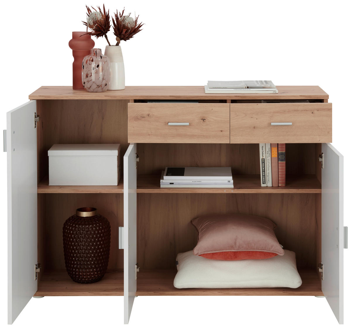 KOMODA  119,9/82/34,3 cm  bela, hrast artisan  - boja aluminijuma/bela, Moderno, pločasti materijal/plastika (119,9/82/34,3cm) - Boxxx