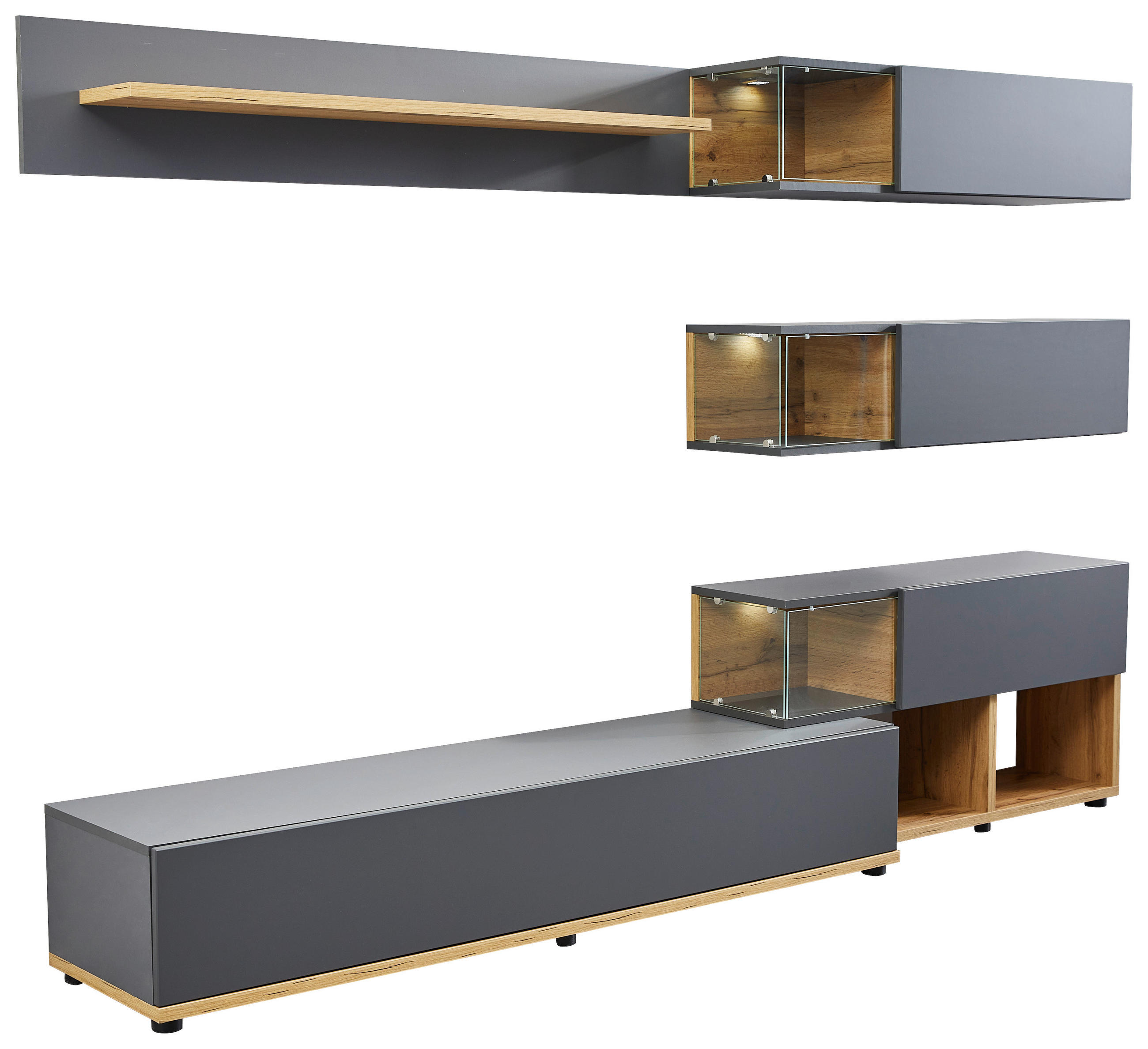 Ansamblu mobilier cameră de zi in antracit, culoare lemn stejar  - maro/culoare lemn stejar, Modern, plastic/sticlă (240/150/40cm) - Xora