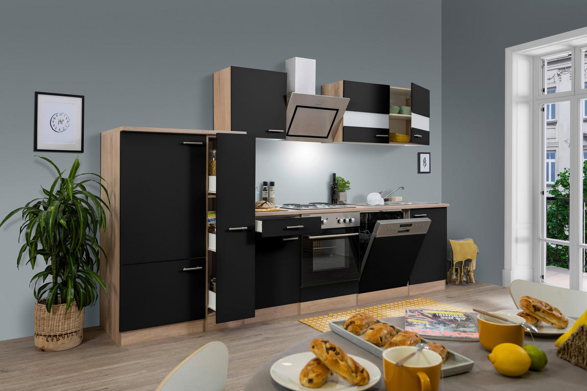 KÜCHENBLOCK 310 cm   in Schwarz  - Edelstahlfarben/Eichefarben, Basics, Holzwerkstoff/Metall (310cm) - Respekta