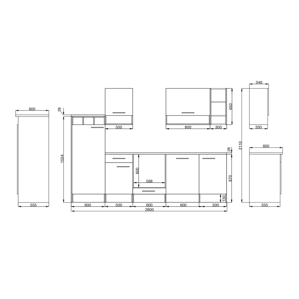 KÜCHENLEERBLOCK 280/205/60 cm   in Weiß, Wildeiche  - Wildeiche/Silberfarben, Basics, Holzwerkstoff/Metall (280/205/60cm) - Respekta
