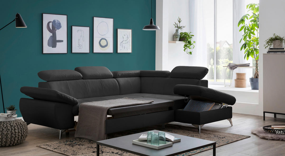 ECKSOFA Schwarz Lederlook  - Chromfarben/Schwarz, KONVENTIONELL, Textil/Metall (256/209cm) - Livetastic