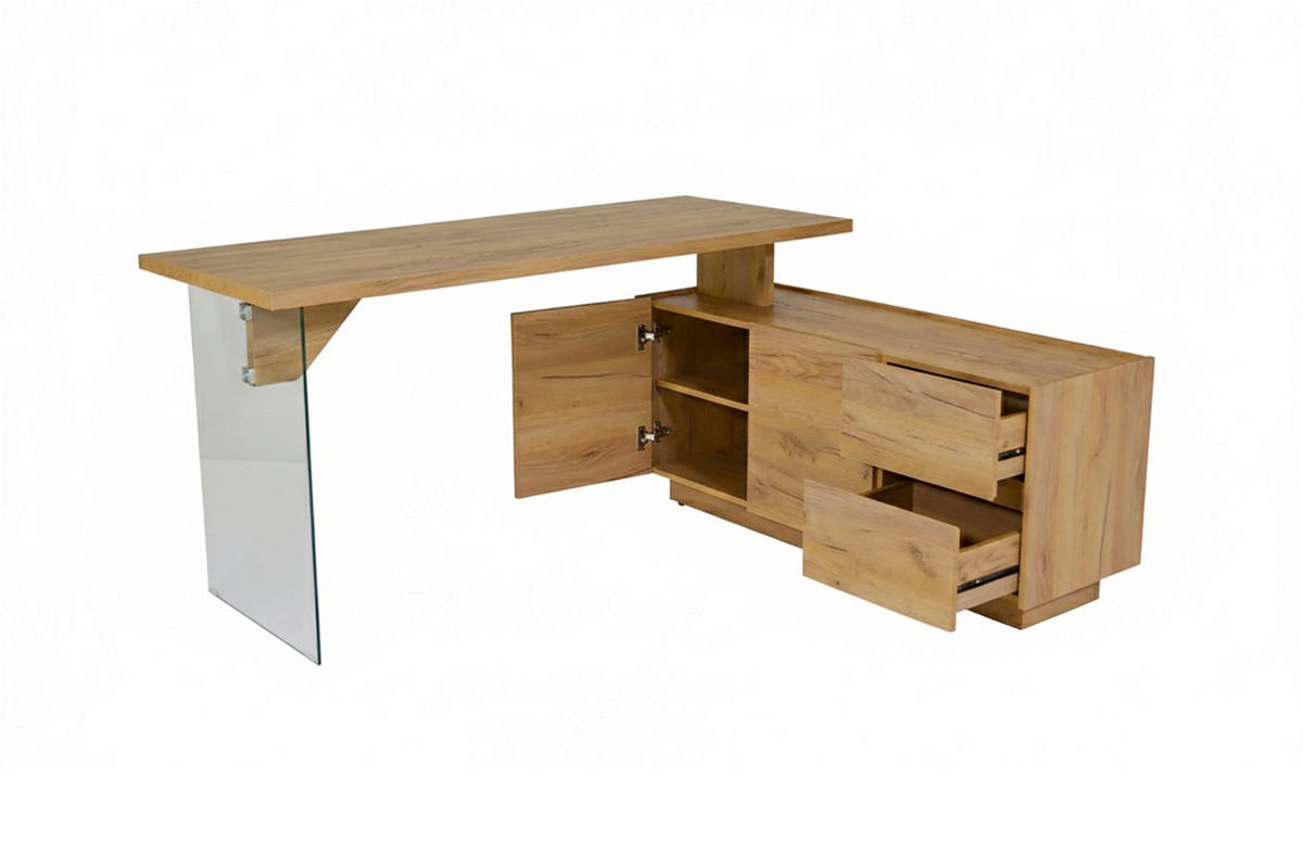 ECKSCHREIBTISCH 160/136/74 cm Eichefarben Stauraum, seitenverkehrt montierbar  - Eichefarben, Design, Glas/Holzwerkstoff (160/136/74cm) - MID.YOU